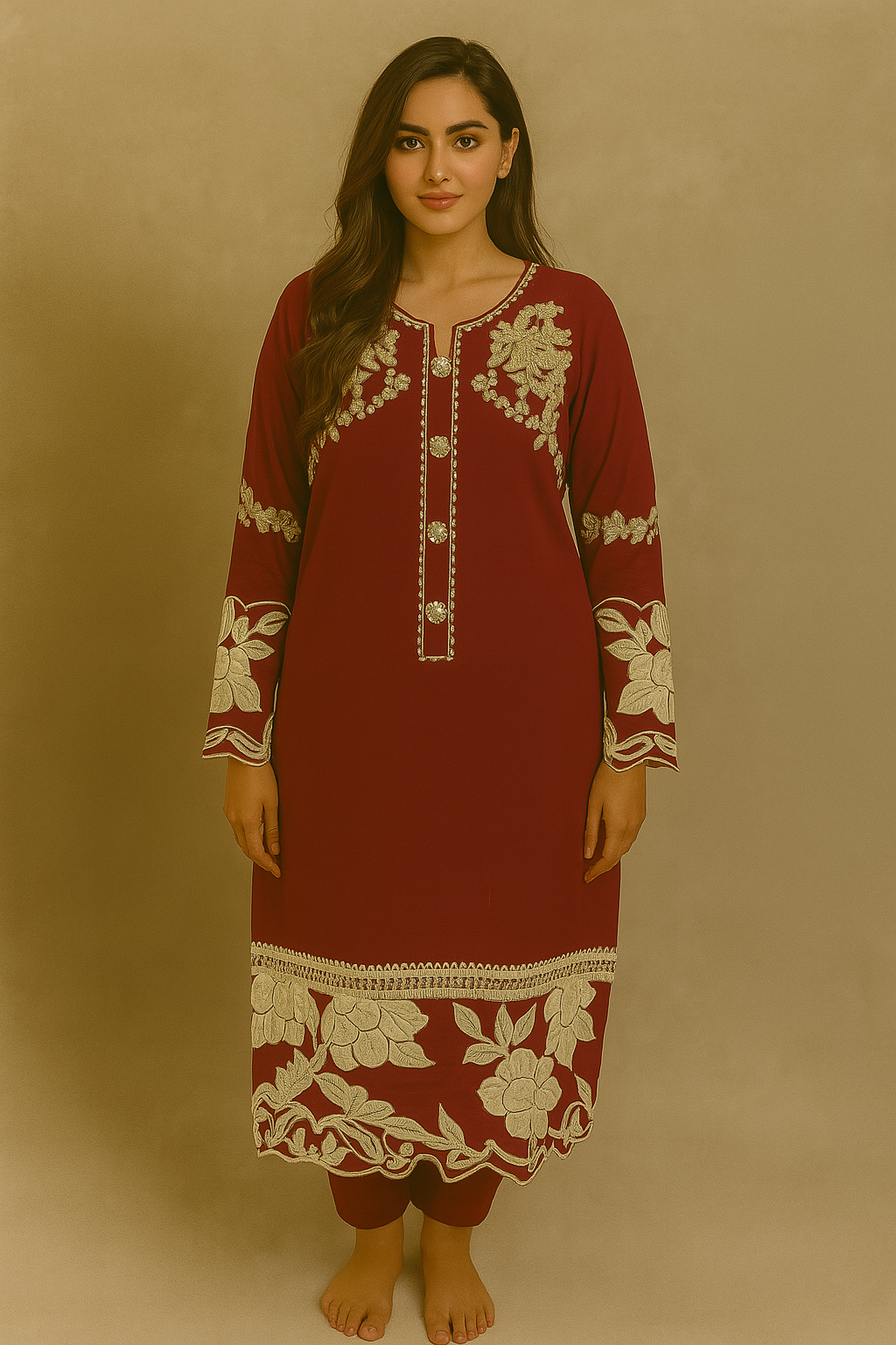 Maroon Embroidered Straight Kurta with White Thread Work